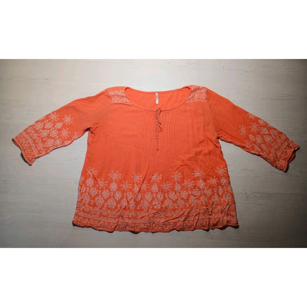 Passports Orange White Peasant Blouse 3/4 Sleeve Gauze Boho Tassels Medium